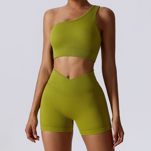 Women's Olive <b>Green</b> 2 Piece Yoga <b>Set</b> One-Shoulder Crop Top High Waist Shorts Asymmetric Ribbed Seamless Sportwear - Product Image 1