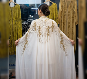White Bridal Turkish Kaftan Detachable Cape | Hand-Embellished Gold <b>Beaded</b> Wedding Gown | Premium Heavy Embroidery Anti-static - Product Image 5