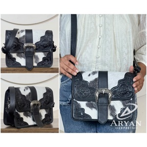 New Arrival High Quality Hair on Cowhide Tooled Leather Handbags Unique Floral Buckle Design Crossbody <b>Women</b> <b>Messenger</b> <b>Bags</b> - Product Image 1