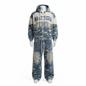 Men Blue <b>White</b> Camouflage <b>Zip</b> <b>Up</b> Hoodie Tracksuit Set Loose Fit Contrast Panel Streetwear Custom OEM ODM Wholesale - Product Image 3