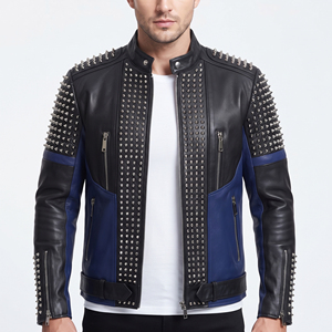 Men's Premium Genuine Leather <b>Studded</b> Biker Jacket with Stand Collar Waterproof Front Logo - Product Image 6