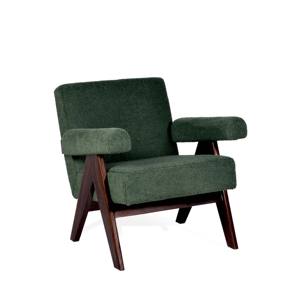 Fauteuil rembourré style Pierre Jeanneret en bois massif avec pieds en V et tissu bouclé vert pour salon de direction - Vente en gros - Product Image 1