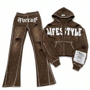 Conjunto de chándal de hombre de alta calidad con corte holgado, estilo vintage, efecto desgastado, bordado, apliques, lavado ácido, cremallera y pedrería, estilo streetwear. - Product Image 1