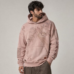 Vintage Embroidery Hoodie Distressed Wash Casual <b>Pullover</b> Sweatshirt with Stylish Details and Comfortable Fit <b>Men</b> - Product Image 4