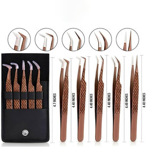 Juego de Pinzas para Extensión de Pestañas de Acero Inoxidable de 5 Piezas con Puntas de Precisión y Estuche de Almacenamiento de Cuero PU - Product Image 1
