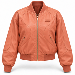Chaqueta de cuero color coral melocotón para mujer, abrigo bomber de piel de cordero auténtica con costuras onduladas y ribetes acanalados, proveedor mayorista Darkry - Product Image 1