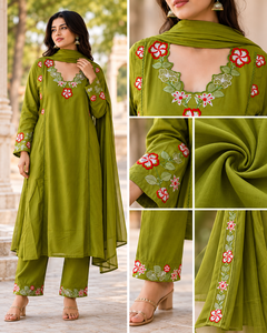 Women Olive Green Floral Embroidered Three Piece <b>Kurta</b> Pant Dupatta Set Ethnic <b>Indian</b> Wear Wholesale Manufacturer - Product Image 5