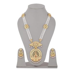 Parure de bijoux indiens plaqués or en alliage, collier et boucles d'oreilles, design ethnique doré pour femme, idéal pour mariage et soirée - Product Image 5