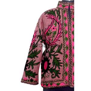 Blouson Bomber Vintage à Motifs Floraux Multi-Saisons 100% Coton, Col en V, Broderie Suzani TNT, Design Dessiné à la Main, Écologique - Product Image 2