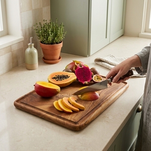 Planche à découper artisanale en teck massif naturel avec rainure pour les jus, durable et décorative, pour viande, poisson et fruits - Product Image 1