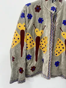 Luxury Boho <b>Velvet</b> Cotton Breathable <b>Jacket</b> for <b>Women</b> with Butterfly Embroidery Floral Pattern Stand Collar Full Sleeves Winter - Product Image 4