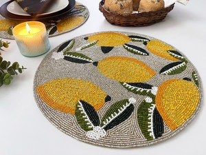 Lemon Theme Kitchen Table Decor Table <b>Coasters</b> Mats Set <b>Beaded</b> Round Place-mats Office Coffee Dining Party Outdoor Wedding - Product Image 3