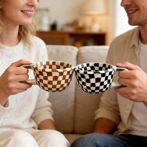 Juego de Tazas de Cerámica a Cuadros, Diseño Moderno, Patrón Marrón, Negro y Blanco, Resistente al Calor, Apto para Lavavajillas y Microondas, para Uso Doméstico - Product Image 2