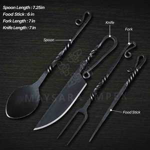 Ensemble de couverts de camping viking forgés à la main en acier inoxydable, ustensiles de repas médiévaux pour bushcraft avec étui de transport en cuir, 4 pièces, pour l'extérieur - Product Image 2