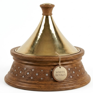 Tajine de service élégant et luxueux en bois et métal, style Héritage Ramadan, avec incrustation de nacre, idéal pour offrir en cadeau de luxe - Product Image 1