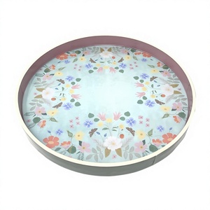 Round Pastel Bohemian Enamel Serving Tray <b>Set</b> with Wooden Frame Decorative Tea & <b>Breakfast</b> Tray for Home Decor - Product Image 1