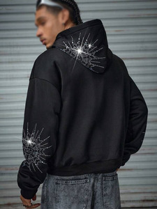 Sudadera con capucha para hombre con diseño de mangas con pedrería, de felpa de algodón grueso, estilo oversize, ropa urbana, logotipo personalizado, suministro al por mayor - Product Image 2