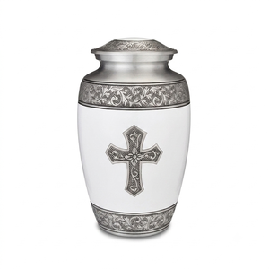 Urne funéraire en métal pour adulte avec une belle gravure en forme de croix, finition argentée et violette, en aluminium, pour cendres humaines. - Product Image 6