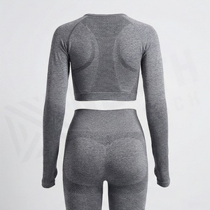 Ensemble de yoga sans couture pour femmes, haut court à manches longues, leggings taille haute, vêtements de sport respirants - Product Image 2