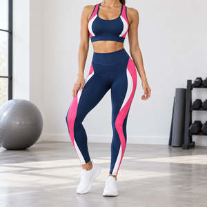 <b>Women</b> Athletic Colorblock Gym Set Racerback Support Sports Bra High Waist Panel <b>Leggings</b> Running Fitness Training Wear Wholesale - Product Image 5