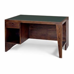 Juego de Muebles de Oficina Estilo Pierre Jeanneret al por Mayor, Escritorio de Madera Maciza con Superficie de Cuero Verde y Silla de Oficina de Ratán con Patas en V - Product Image 2