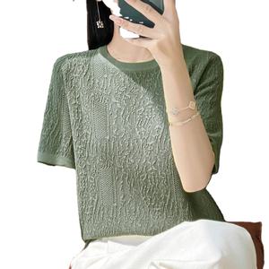 Silk Knitted Short Sleeved Women's Round Neck Regular Fit Breathable Quick Dry Summer <b>T</b>-<b>shirt</b> High Quality 2024 Hot Selling - Product Image 1