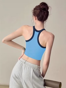 Women Sport Crop Top Halter <b>Neck</b> Contrast Piping Rib Knit Yoga Bra Removable <b>Pads</b> Wirefree Running Athletic Vest Blanks - Product Image 3