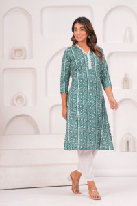 Women's Green Geometric Print V-Neck Kurta With White <b>Pants</b> Casual Spring Summer Cotton Set Knee Length <b>Three</b> <b>Quarter</b> Sleeve - Product Image 4