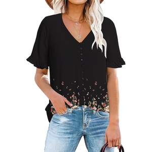 2025 blusas informales con cuello en V y decoración de diamantes para mujer, camisetas sin mangas con estampado transpirable, volantes, manga corta, diseño de botones, estilo diario - Product Image 1