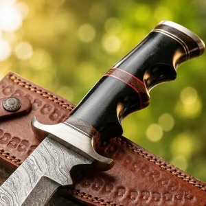 Couteau de chasse artisanal en acier Damas à lame pointue avec manche en bois et étui en cuir - Product Image 3