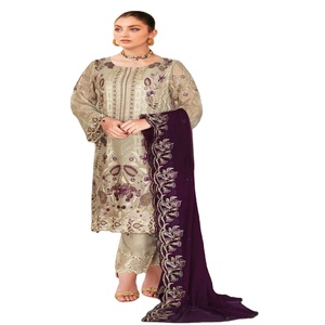 Ramsha Volume NAYAB porte Original de marque pakistanaise 3 pièces en mousseline de soie non cousue Salwar Kameez lourd brodé multi indien - Product Image 1