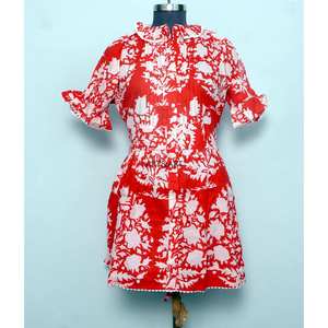 T-shirt moderne coupe ajustée imprimé floral estival 100 % coton lavable, touche féminine décontractée, col rond à volants, mini-manches courtes - Product Image 2