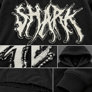  OEM ODM Custom Streetwear Graphic Hoodie <b>Black</b> <b>Rhinestone</b> Letter Print Distressed Hem Oversized Heavyweight Sweatshirt - Product Image 4
