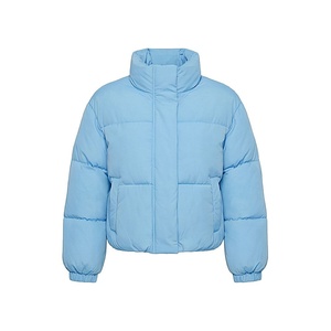 Light Blue Quilted Puffer Jacket Stand Collar Full Sleeve Winter Thick Polyester Filling Short Length Puff Sleeve Design - Product Image 1