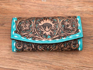 Offre Spéciale Western Fashion Hand-Tooled Turquoise Portefeuille Haute Qualité Sculpture En Cuir Véritable Buck Stitch Portefeuille Unique Pour Les Femmes - Product Image 4