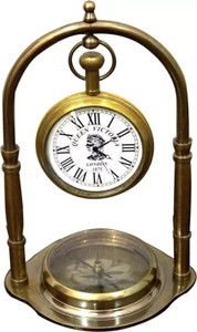 Luxury Brass <b>Desk</b> <b>Clock</b> with Compass Wooden Base Antique Style Home Office Decor <b>Clock</b> - Product Image 2