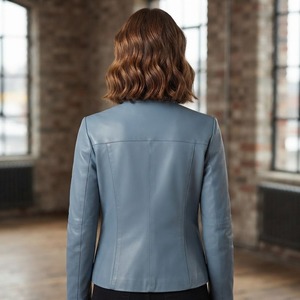 Chaqueta de Motociclista de Cuero Sintético para Mujer, Corte Ajustado, Manga Larga, Cierre de Cremallera, Cuello Alto, Color Sólido, Ropa de Abrigo para Otoño - Product Image 5