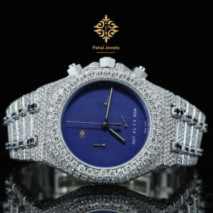 Reloj Mecánico de Lujo para Hombre Pahal Jewels, 42 mm, Cristal de Zafiro, Esfera Azul, Acero Inoxidable, Cronógrafo, Fecha, Diamantes - Product Image 1