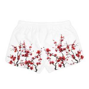 Shorts blancs à imprimé floral pour femmes avec motif de fleurs de prunier rouges, taille élastique, coupe régulière, style décontracté, respirant, tricoté - Product Image 2