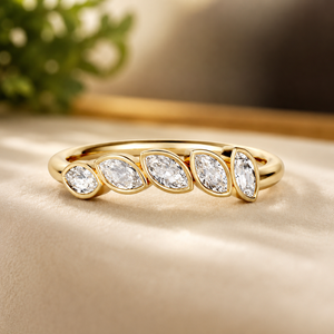 Anillo de compromiso de media eternidad con diamantes marquesa y moissanita de cinco piedras, chapado en oro amarillo de 10K para mujer - Product Image 1
