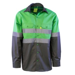 Camisa de Trabajo Reflectante de Alta Visibilidad para Hombre, Manga Larga, Poliéster, Uniforme de Seguridad, Verde Gris a Rayas - Product Image 3