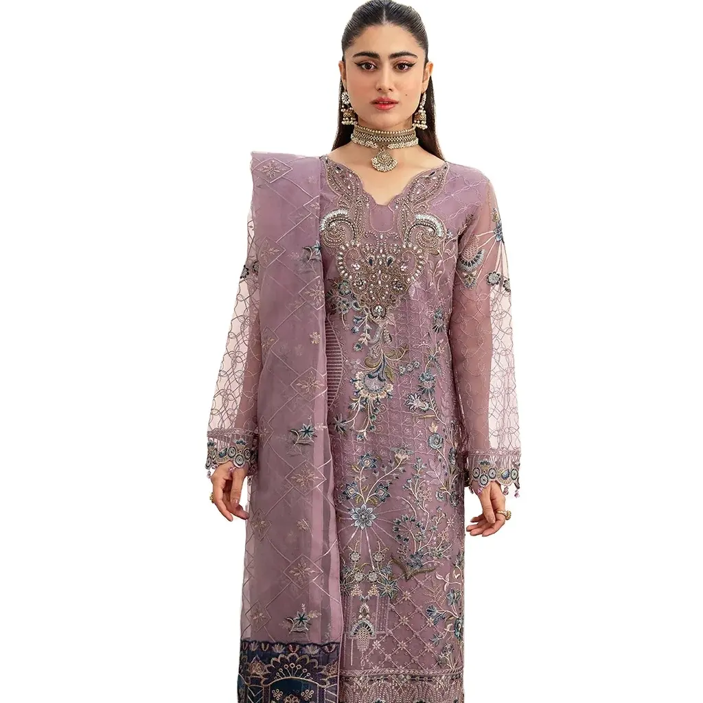 Vêtements de soirée shalwar kameez pour femmes Costumes de mariage en organza pour femmes Vêtements de soirée brodés Costume en organza