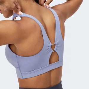 Women's Light <b>Blue</b> Scoop Neck Seamless Sports <b>Bra</b> Medium Support Yoga Top Solid Color Racerback Breathable Spandex Polyester - Product Image 4