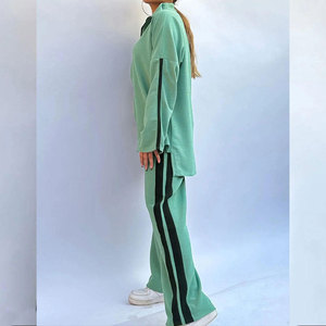 Conjunto Deportivo con Capucha para Mujer, Color Verde Menta, Corte Holgado, con Bolsillos Laterales, Diseño a Rayas, Ropa Casual de Otoño - Product Image 3