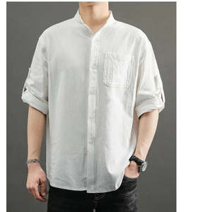 เสื้อเชิ้ตผู้ชายสีดำ คอจีน แขนสามส่วน ผ้าฝ้ายป๊อปลิน สีพื้น ระบายอากาศได้ดี เหมาะสำหรับใส่ในฤดูร้อน - Product Image 3