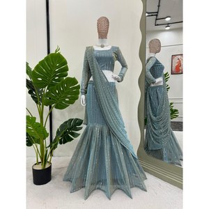 Lehenga Saree de créateur coupe trapèze prêt-à-porter pour soirée, avec taille naturelle, en tissu organza - Product Image 5