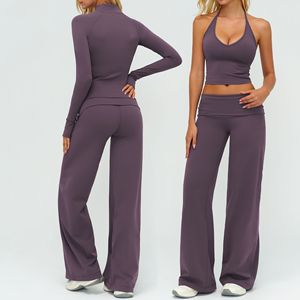 Wholesale Gym Sportswear Women Sets 3 Piece <b>Yoga</b> <b>Jackets</b> Training Flared Leggings Push up Sports Bra Running Sports Wear Sets - Product Image 3