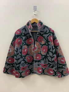 Chaqueta de Algodón con Bordado Floral a Mano, Cuello Mandarín, Abertura Frontal, Corta, Prenda Exterior Chic para Mujer, Regalo para Ella - Product Image 1