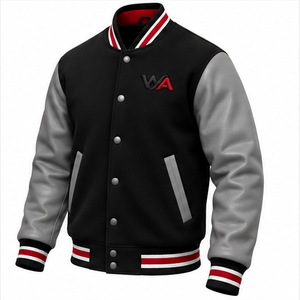 Custom Wholesale OEM Varsity <b>Jacket</b> Black Wool Body Grey <b>Leather</b> Sleeves <b>Red</b> White Snap Button Letterman <b>Jacket</b> PU Material - Product Image 5