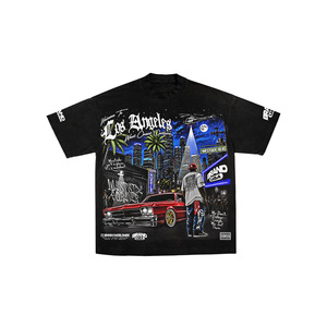 Camiseta Negra de Manga Corta para Hombre con Estampado de la Ciudad de Los Ángeles, Corte Regular, Cuello Redondo, Estilo Urbano, Tela Jersey - Product Image 1